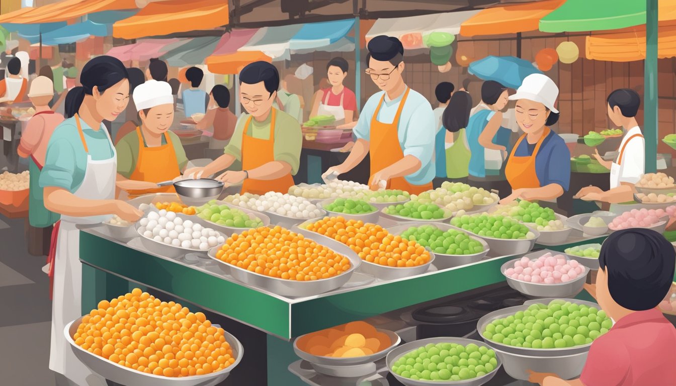 Colorful display of tang yuan at bustling Singapore market, with vendors skillfully shaping and cooking the glutinous rice balls