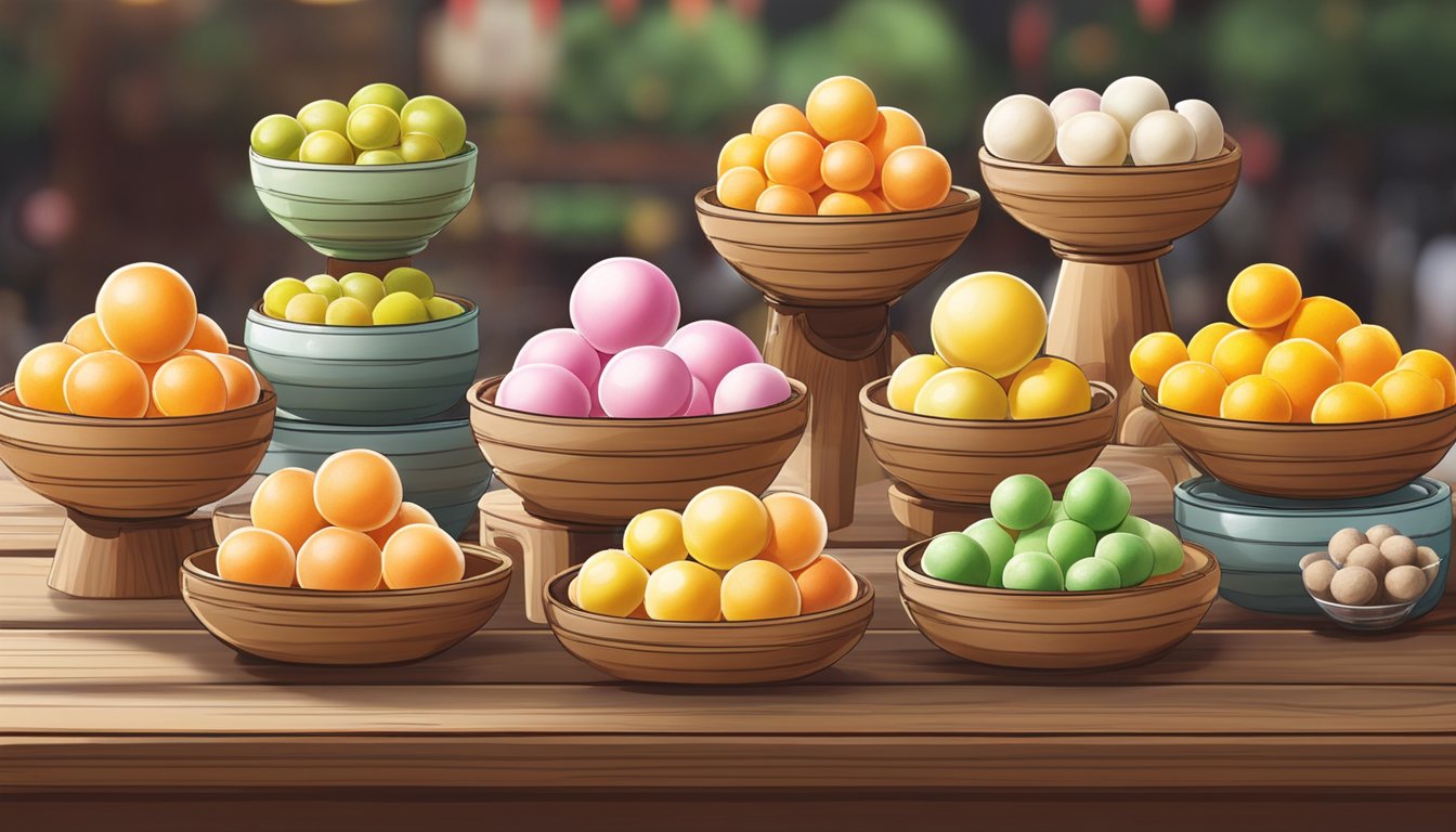 A colorful display of tang yuan in various flavors and sizes, neatly arranged on a wooden table at a bustling market in Singapore