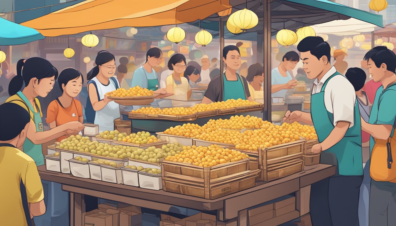 A bustling market stall selling tang yuan in Singapore, with colorful displays and eager customers asking the vendor questions
