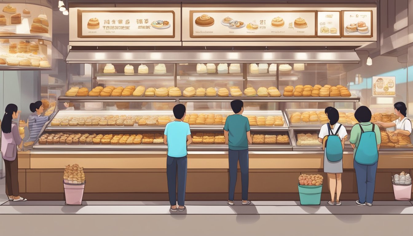 A bustling bakery in Singapore displays sugee cakes in a variety of flavors and sizes, with customers eagerly lining up to make their purchases