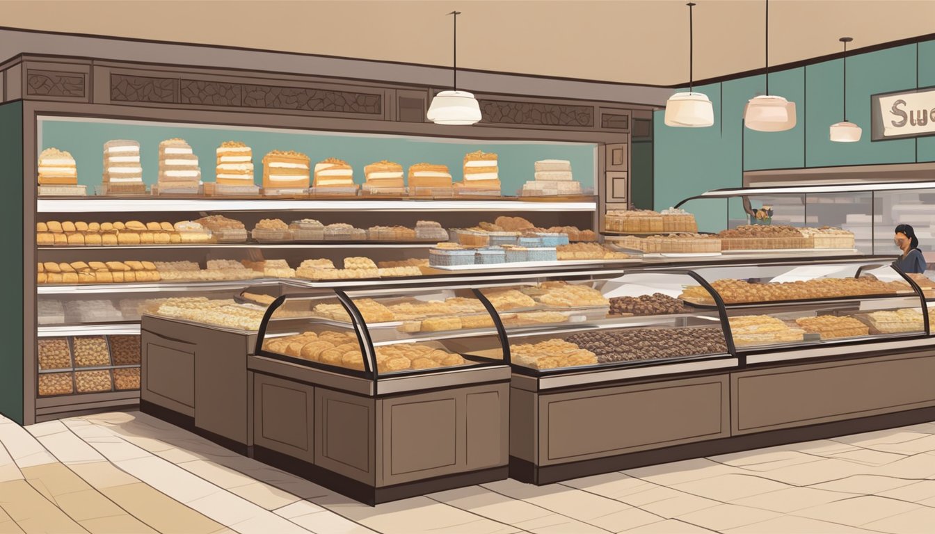 A bustling bakery display with rows of sugee cakes in various sizes and flavors, labeled with prices and surrounded by eager customers in a Singaporean marketplace