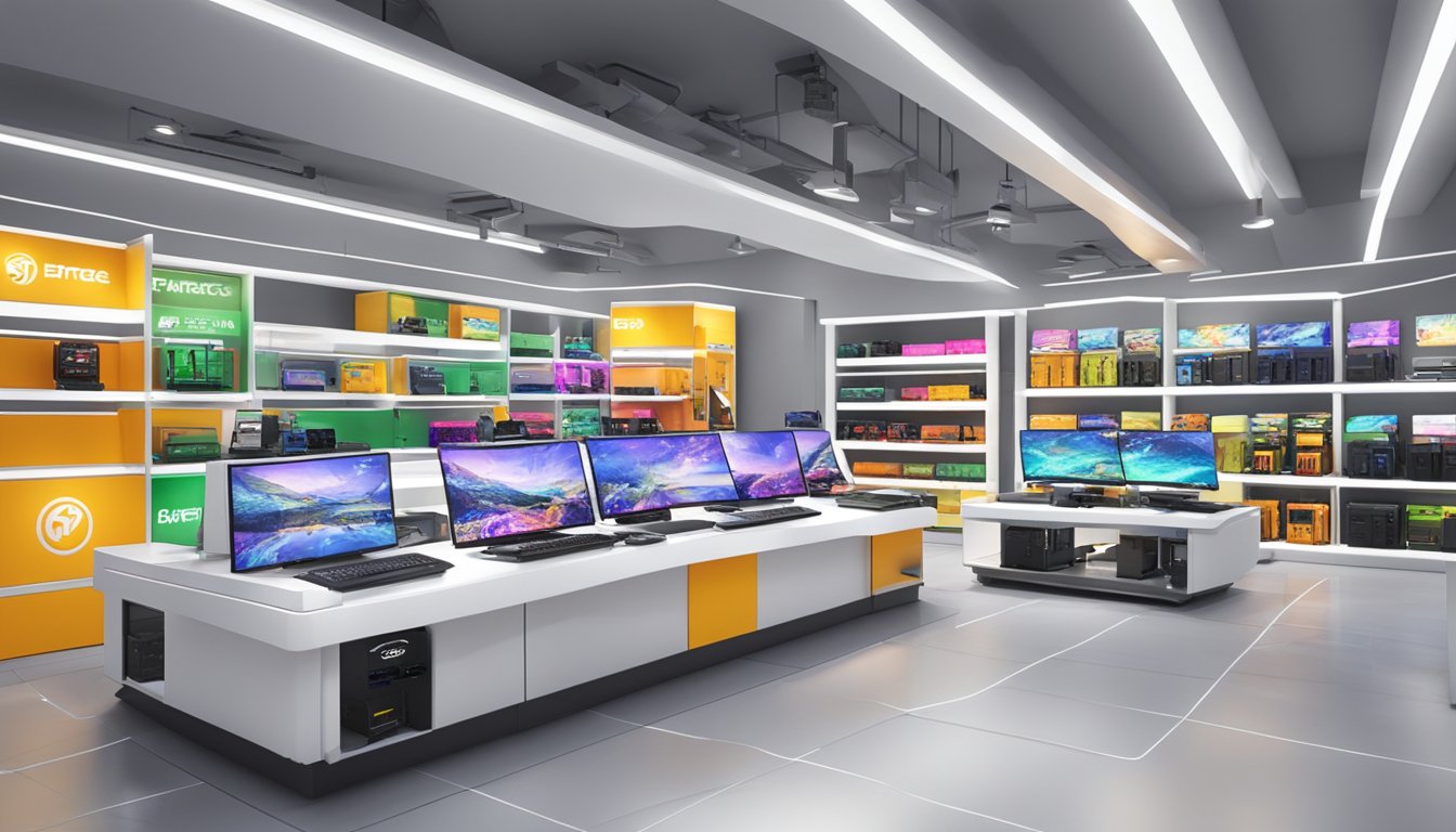 A bright and modern electronics store in Singapore displays a range of Fanatec products, with sleek packaging and prominent branding