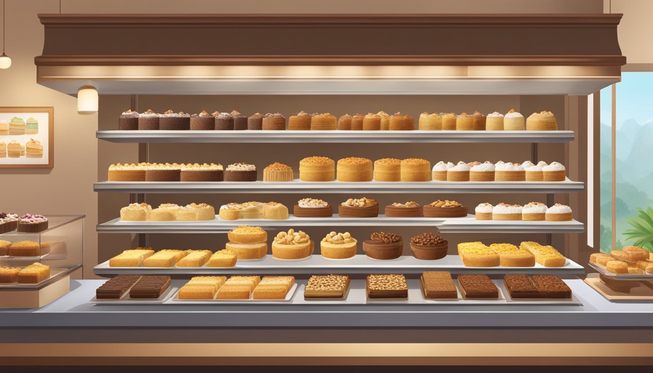 A display of sugee cakes in a quaint bakery, with warm lighting and a variety of sizes and flavors on offer