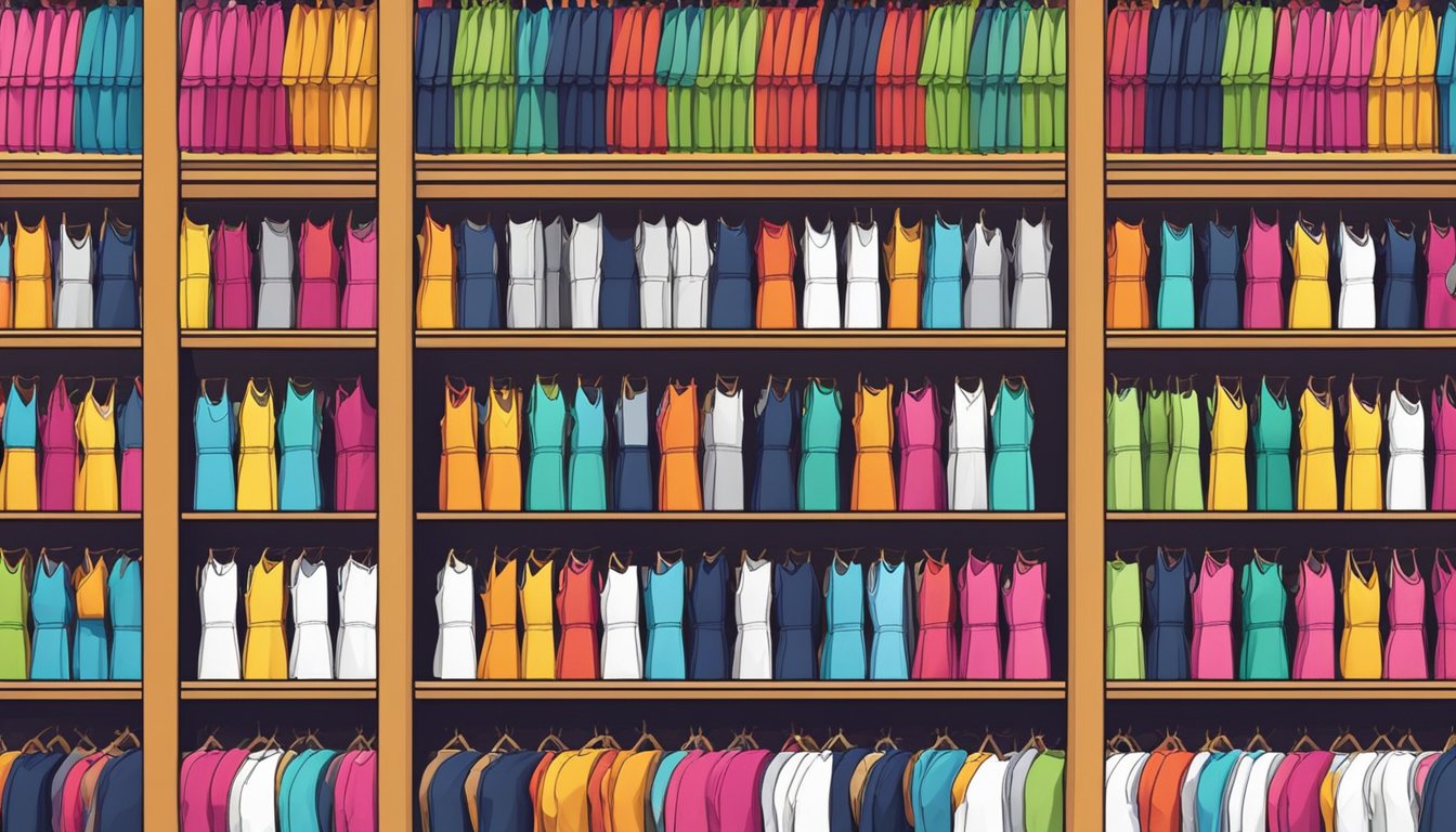 A vibrant display of singlets in various colors and styles lines the shelves of a modern and well-lit store in Singapore