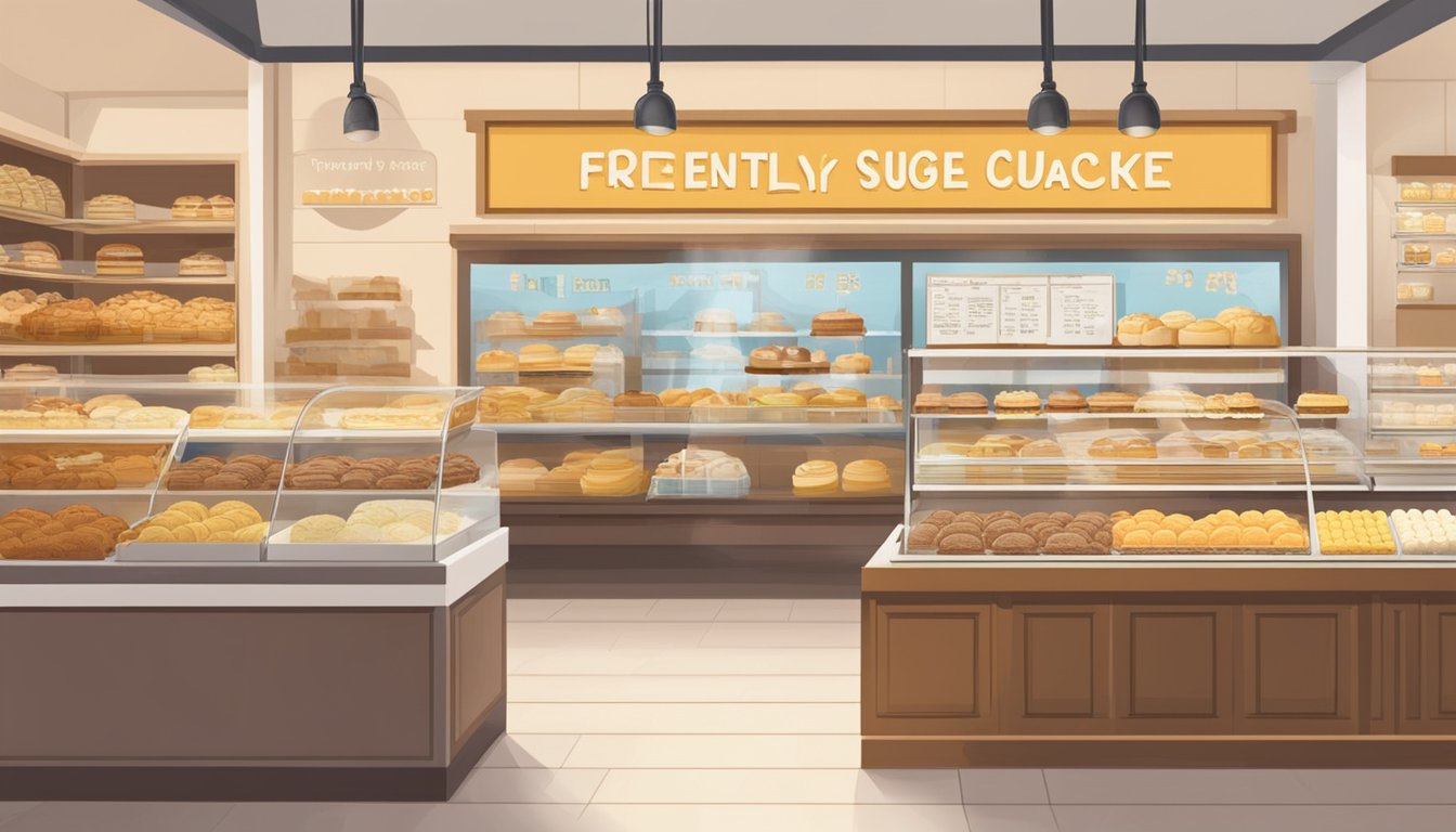 A bakery display with various sugee cakes in Singapore, with a sign indicating "Frequently Asked Questions: Where to buy sugee cake in Singapore."