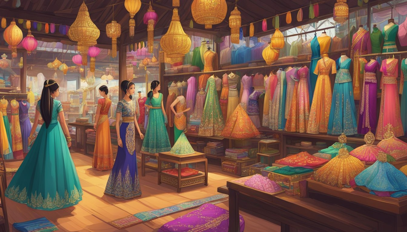 Vibrant Thai costume shops in Singapore, filled with colorful fabrics and traditional accessories. Brightly lit displays showcase a variety of dresses, headpieces, and jewelry. A bustling atmosphere with customers browsing and trying on garments