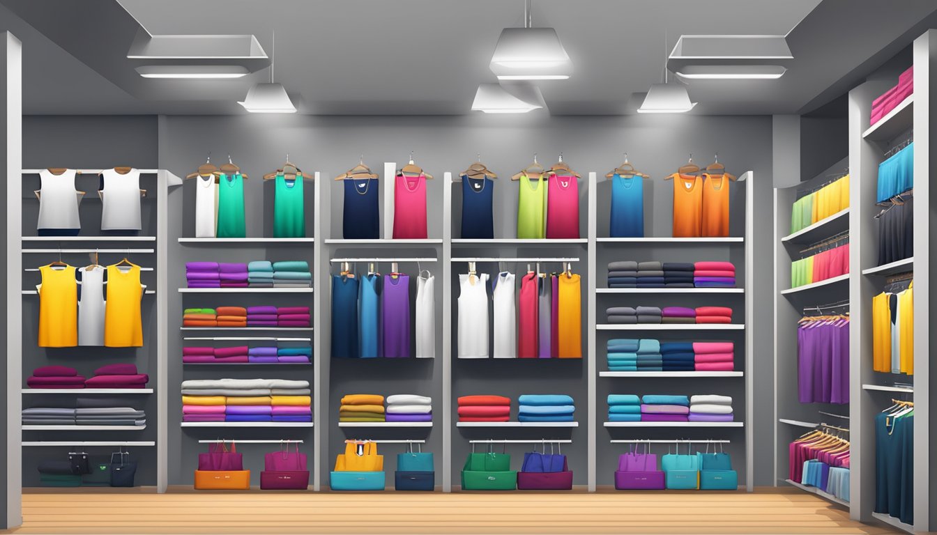 Singlets displayed on shelves in a modern, well-lit store with a variety of colors and styles. Online platform logos visible