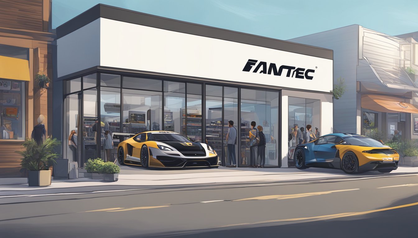 A sleek, modern storefront with the Fanatec logo prominently displayed. A line of eager customers waits outside, peering through the windows at the array of high-tech racing equipment inside