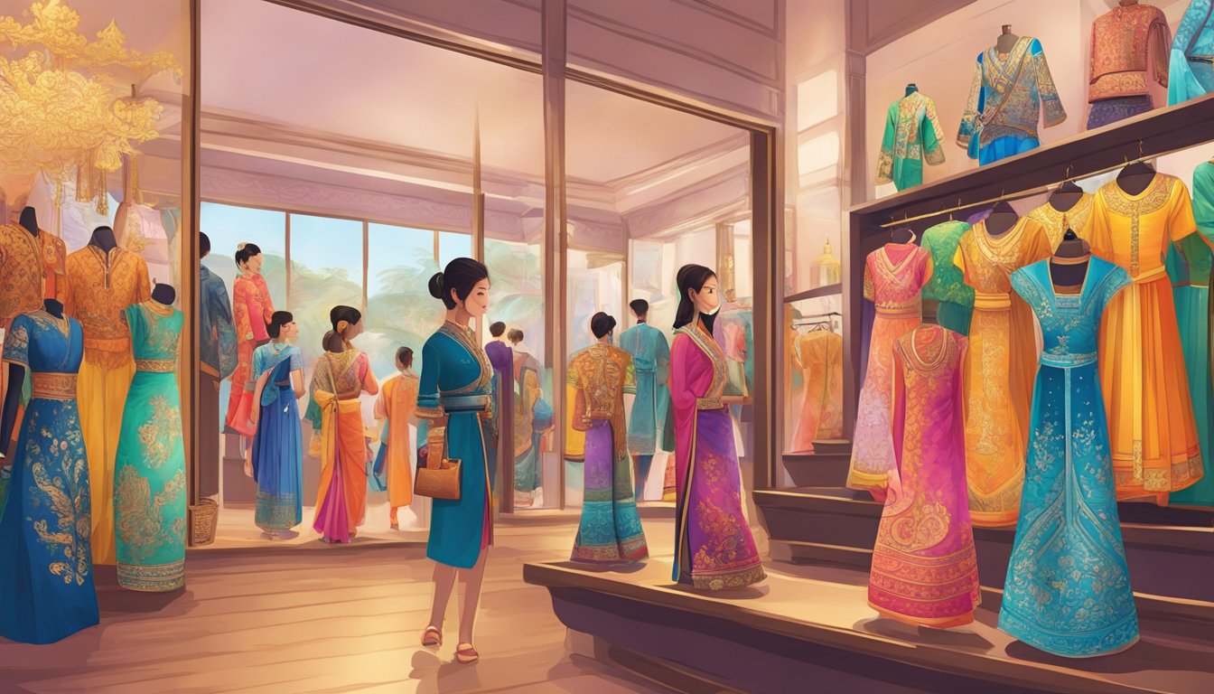 Customers browsing through a vibrant display of traditional Thai costumes at a boutique in Singapore. Bright colors and intricate designs catch the eye, creating an immersive shopping experience