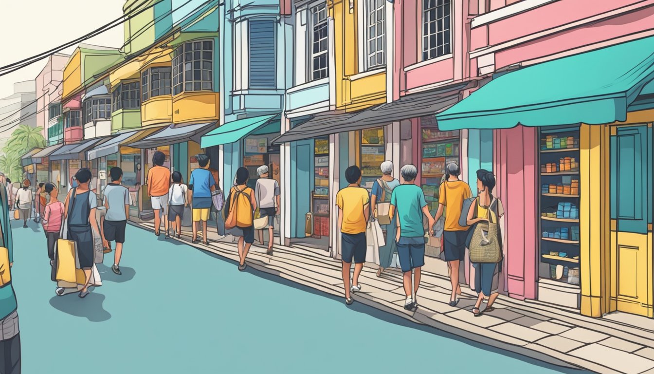 A busy Singapore street with colorful storefronts selling singlets, with people browsing and asking questions