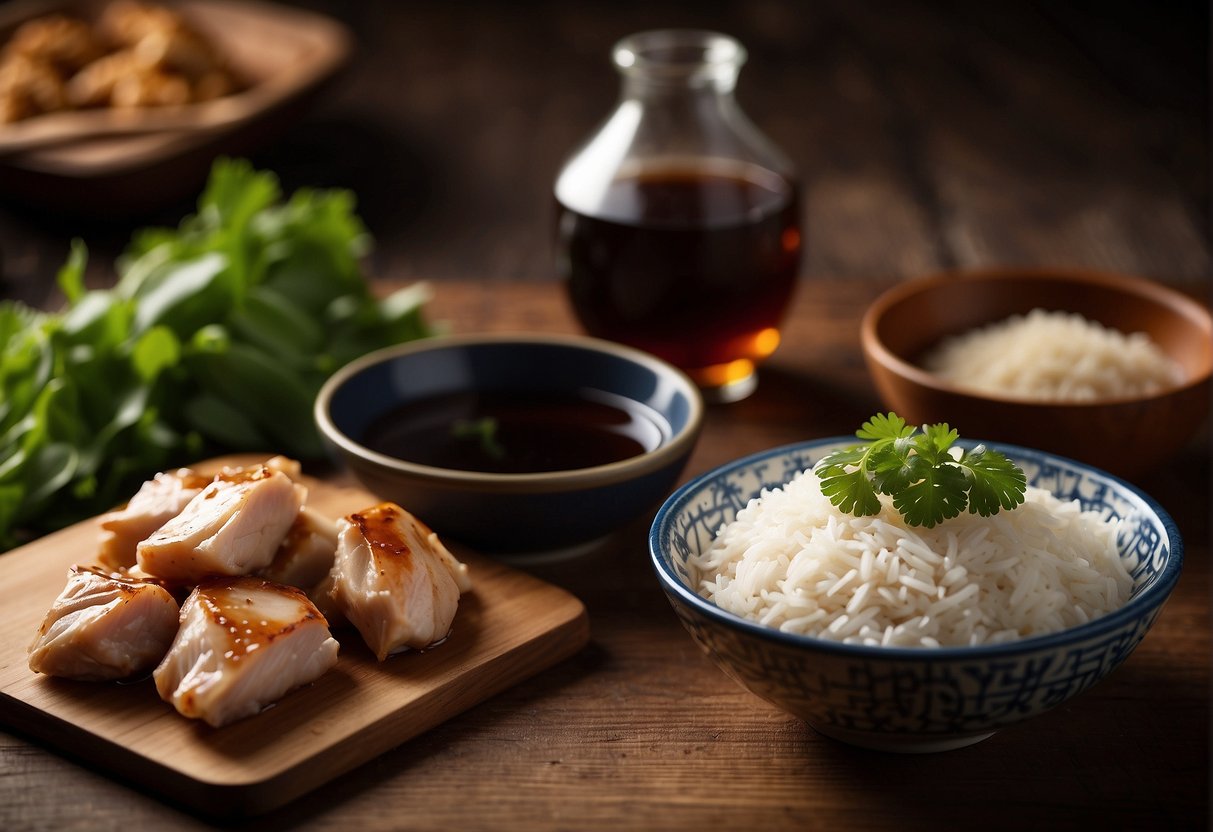 A bottle of Chinese rice wine next to a bowl of marinated chicken pieces on a wooden cutting board. Soy sauce, ginger, and garlic scattered around