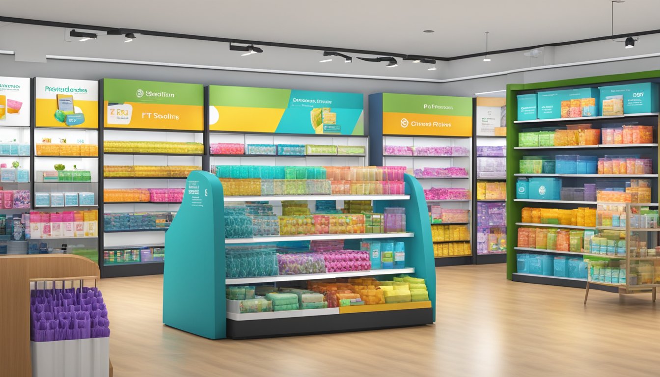 A vibrant store display showcasing Fit Solution's benefits and features in Singapore. Products prominently displayed with clear pricing and purchase information