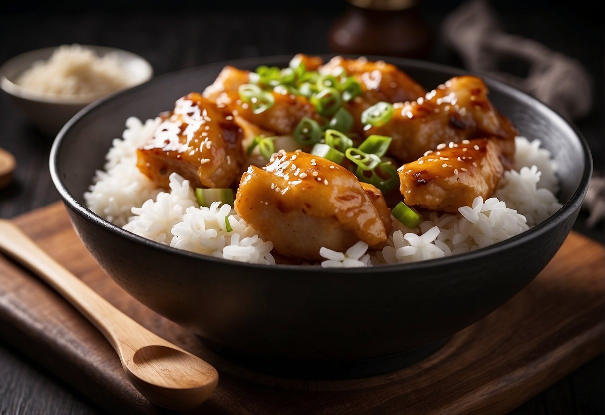 Chicken pieces marinate in soy sauce, ginger, and rice wine. They sizzle in a hot wok, then simmer with garlic and green onions