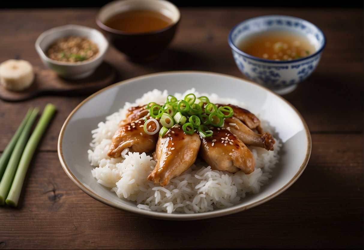 A steaming plate of Chinese rice wine chicken, garnished with green onions and ginger, sits on a wooden table next to a pair of chopsticks