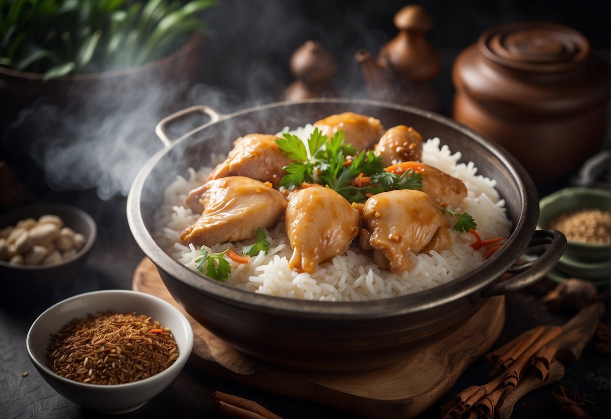 A steaming pot of Chinese rice wine chicken, surrounded by aromatic herbs and spices