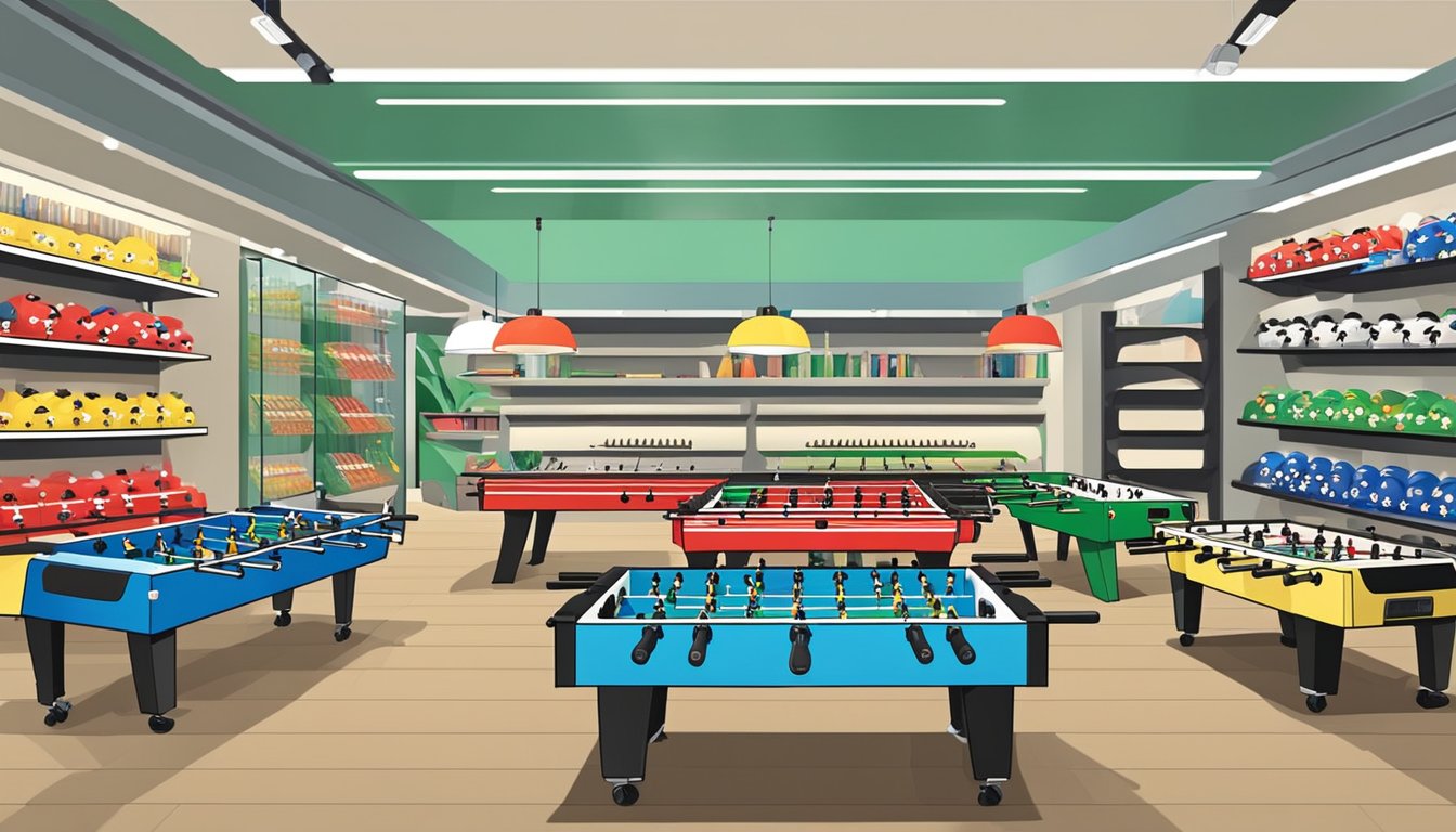 A store in Singapore sells foosball tables. Shelves display various models. Customers browse and compare options
