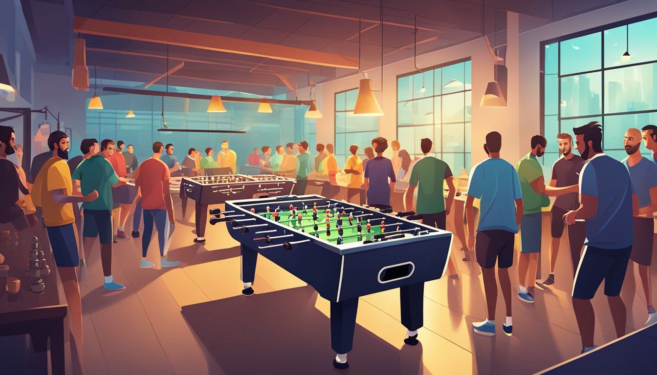 A crowded game room with foosball tables lined up against the walls, surrounded by enthusiastic players and spectators. Bright lights and energetic atmosphere