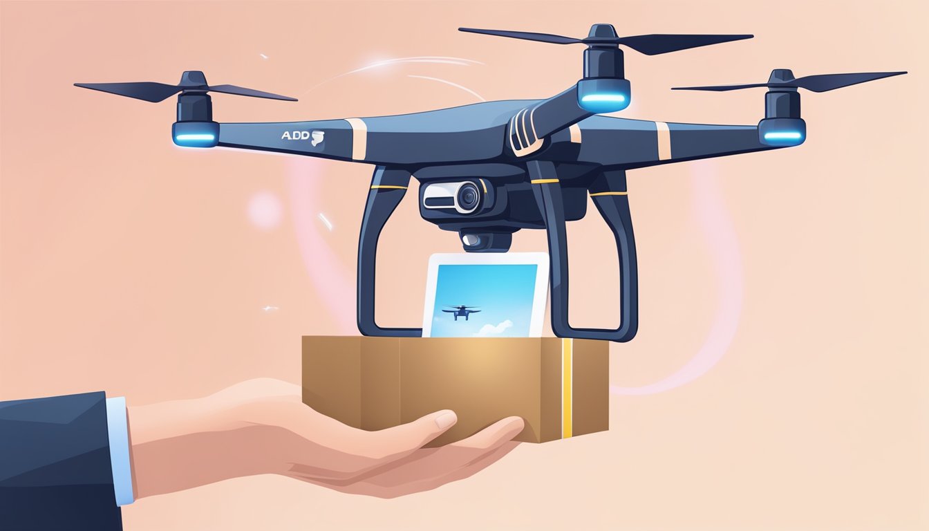 A hand clicks "add to cart" on a drone camera website. Package arrives, opened, drone flies in the sky