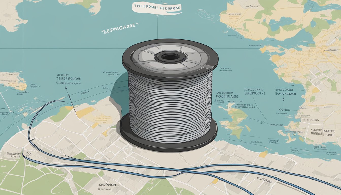 A spool of telephone cable with specifications listed, next to a map of Singapore highlighting locations to purchase