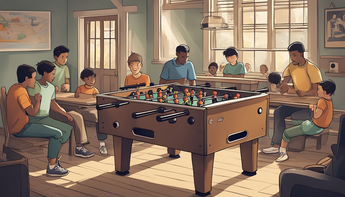 A foosball table sits in a well-lit game room, surrounded by eager players. The table is sturdy, with smooth, level playing surface and ergonomic handles. A sign nearby indicates it is available for purchase