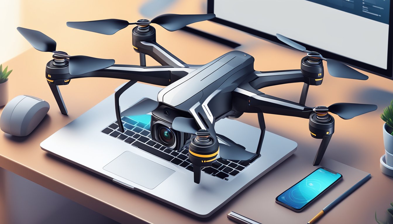 A drone hovers above a computer screen displaying "Frequently Asked Questions drone camera buy online." The website features product images and detailed information