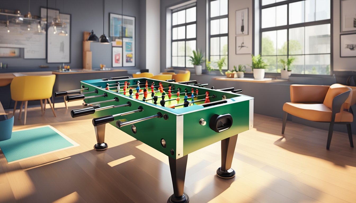 A foosball table sits in a bright, modern game room, surrounded by eager customers. The table is sleek and shiny, with colorful players ready for action