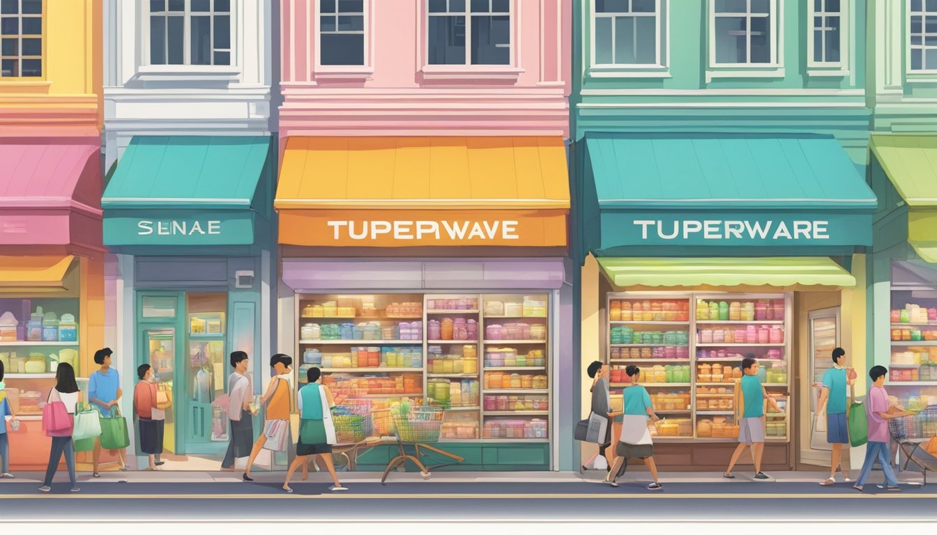 A bustling street in Singapore, with colorful storefronts displaying an array of Tupperware products. Shoppers browse the shelves, admiring the various sizes and styles available