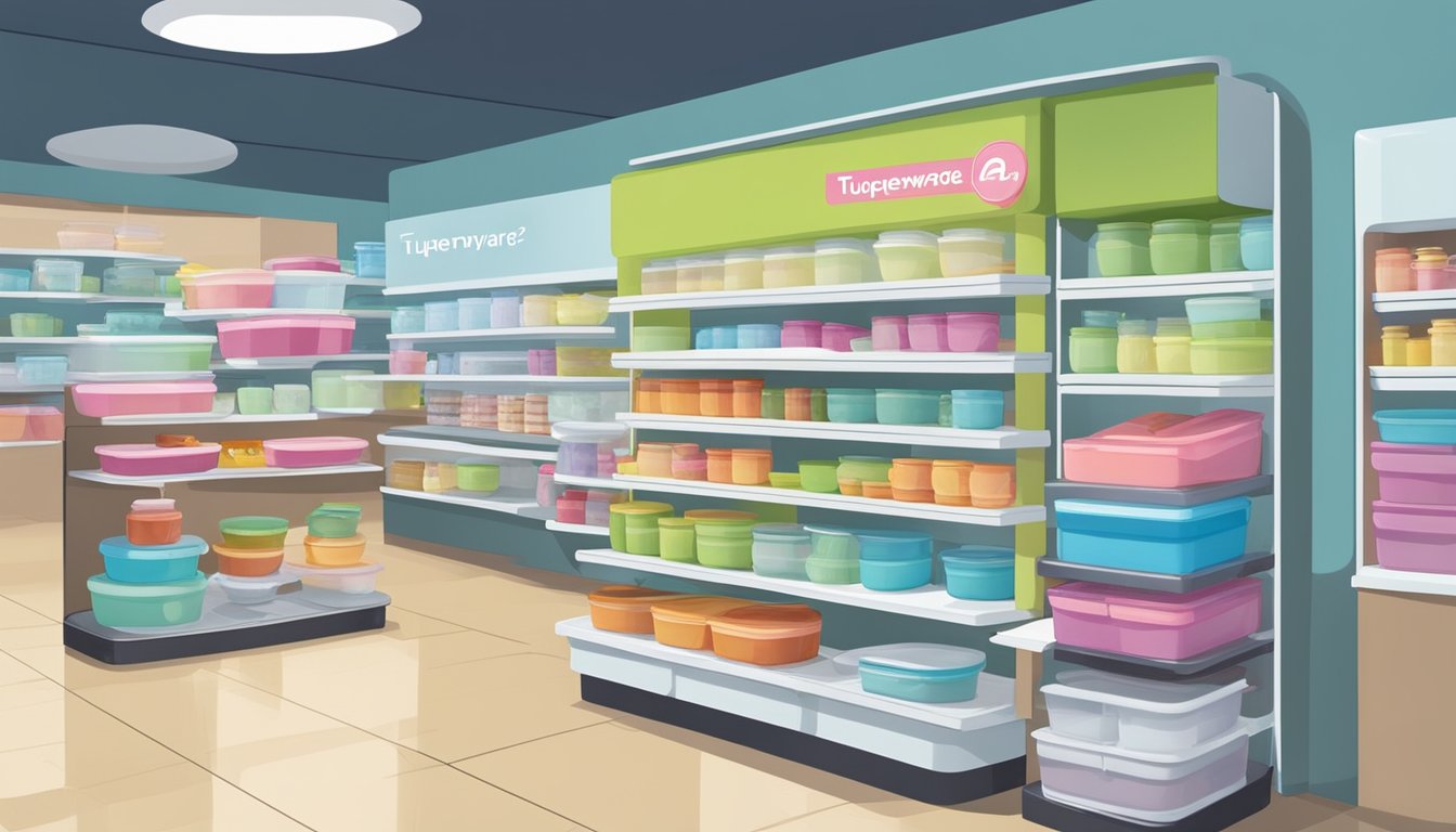 A display of Tupperware products in a Singapore store, with a sign reading "Frequently Asked Questions: where to buy Tupperware Singapore"