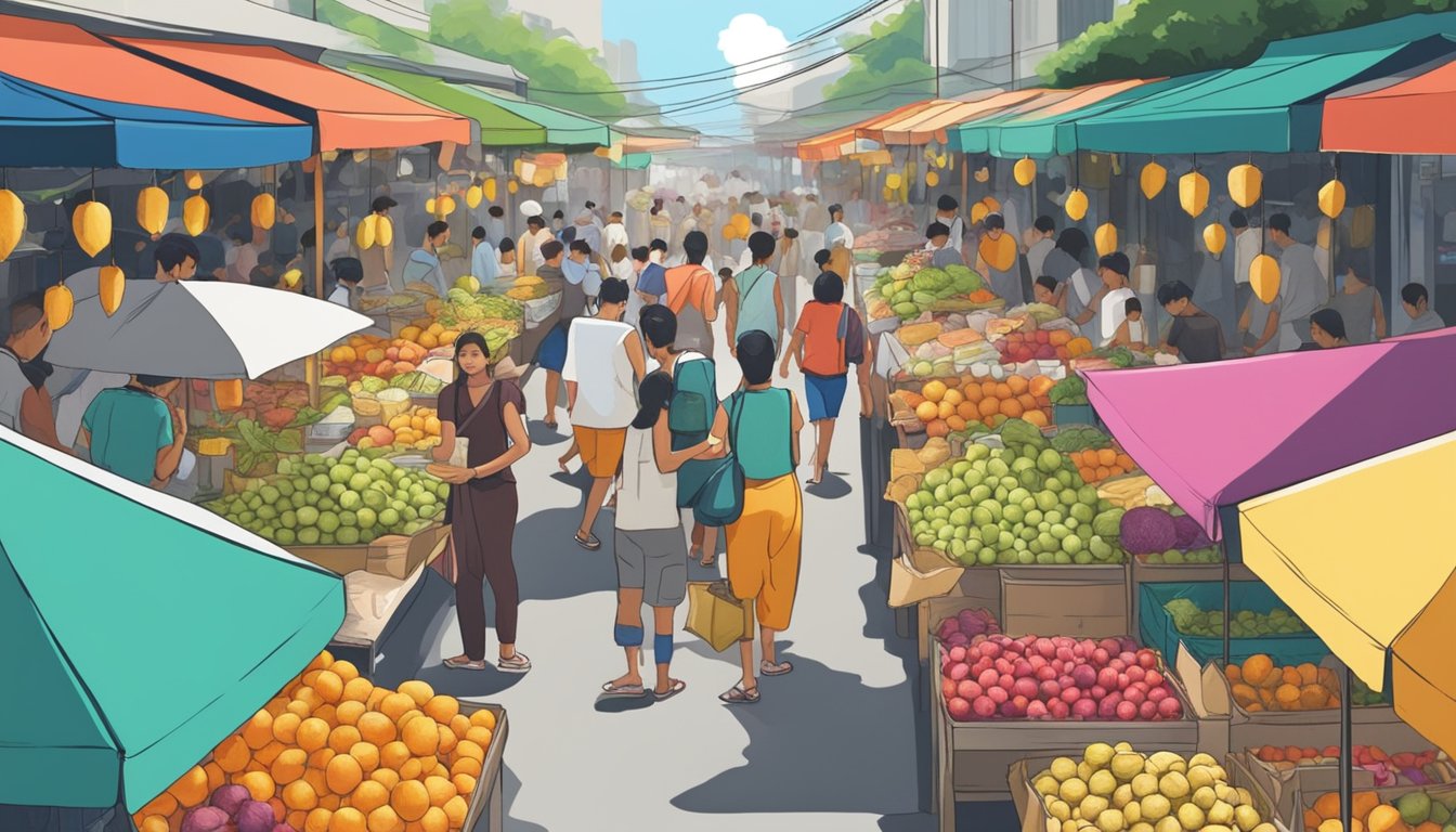 A bustling street market in Singapore, with colorful stalls selling fresh sea coconuts. Customers eagerly choosing and purchasing the exotic fruit