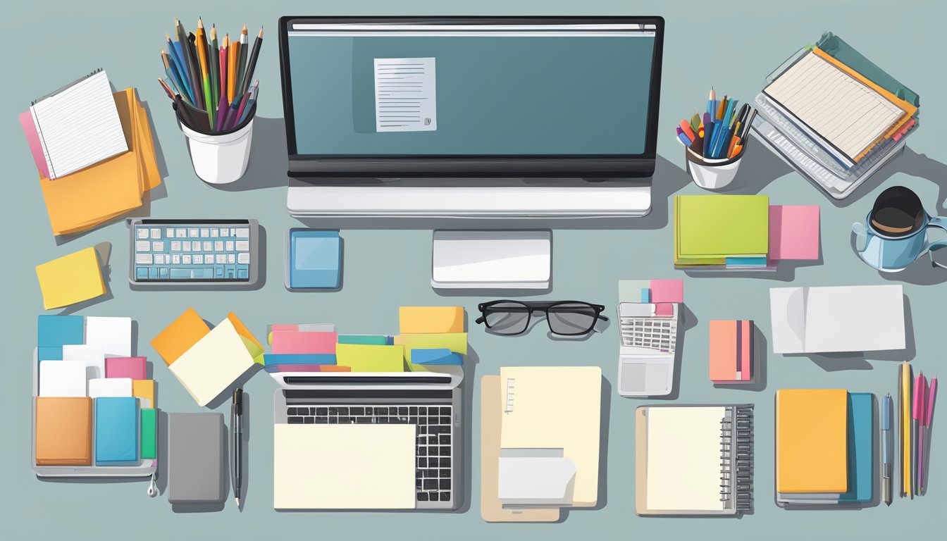 A desk with a computer and various personalized stationery items, such as notebooks, pens, and envelopes, displayed neatly