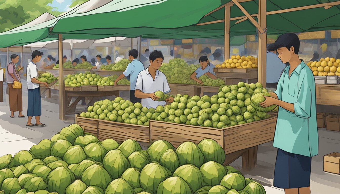 A bustling Singapore market stall showcases fresh sea coconuts, their green husks glistening with moisture. A vendor arranges the coconuts in a neat row, enticing passersby with their exotic allure