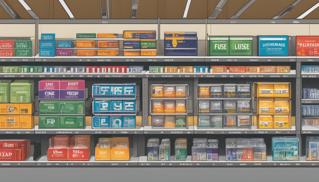 A hardware store shelf displays various fuses in packaging. A sign above reads "Fuse section" in bold letters