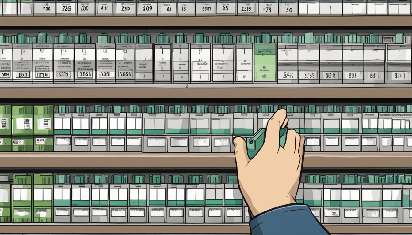A hand reaches for a shelf of fuses in a hardware store in Singapore, with labels displaying various specifications