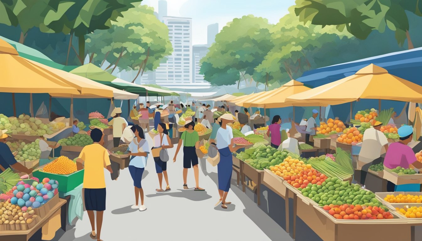 A bustling outdoor market in Singapore, with colorful stalls selling fresh sea coconuts. The vendors are busy serving customers while the aroma of the tropical fruit fills the air
