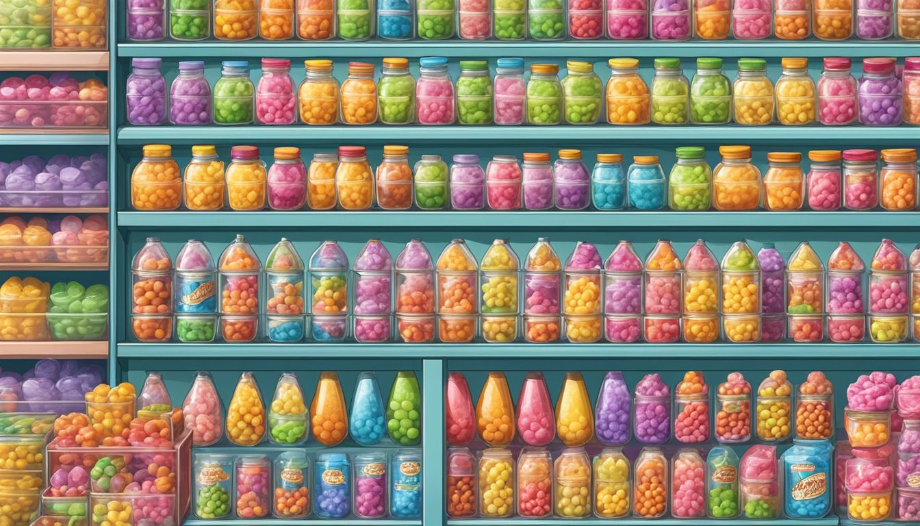 A colorful display of Warhead candies at a Singaporean candy shop, with various flavors and sizes neatly arranged on shelves