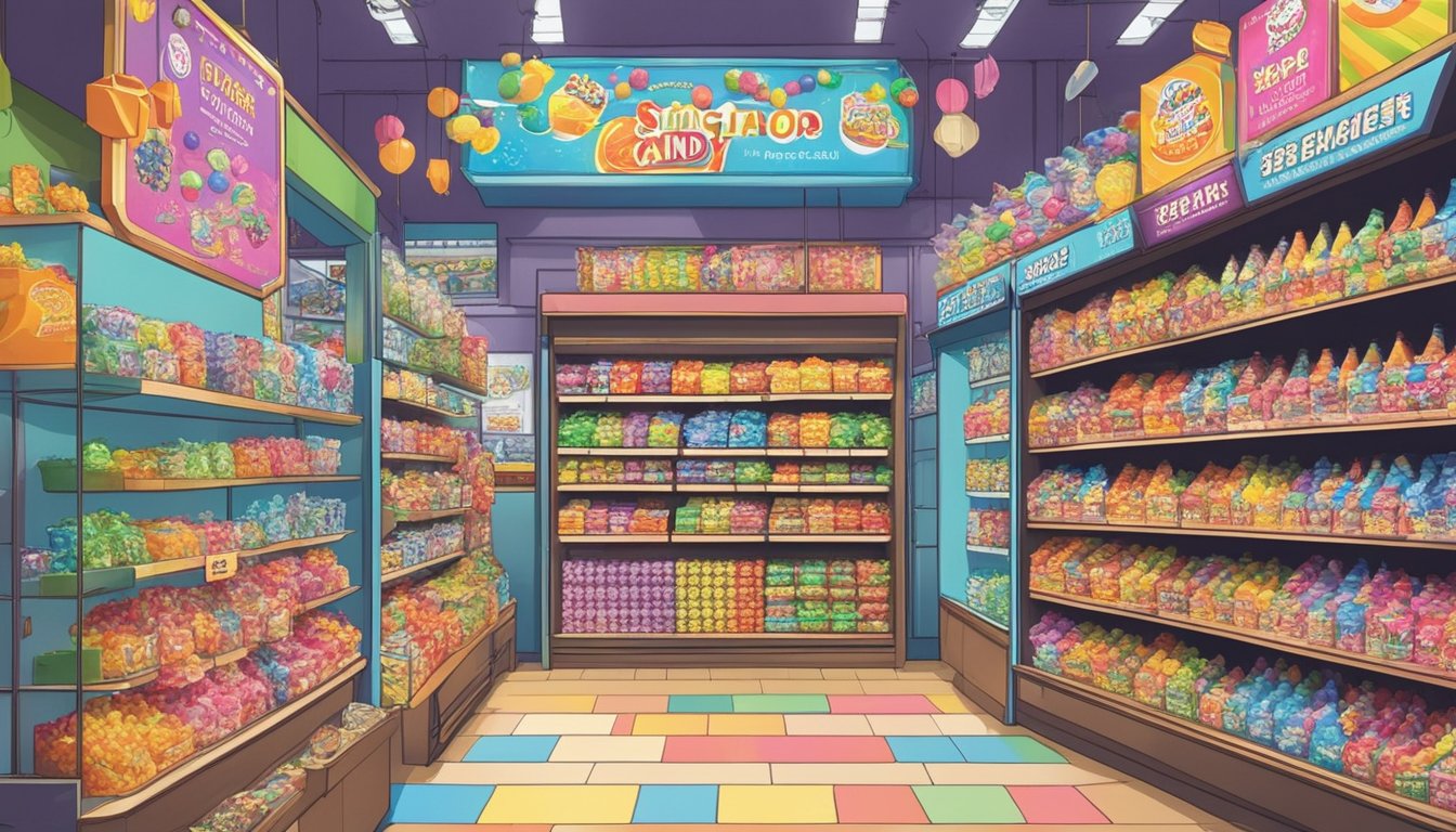 A colorful display of Warhead candy at a Singaporean store, with a sign indicating "Frequently Asked Questions: Where to Buy Warhead Candy in Singapore."
