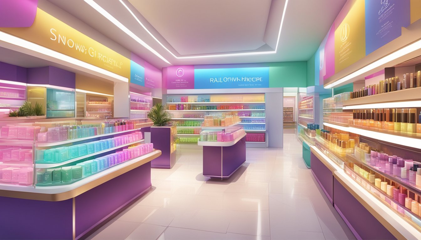 A colorful display of Glow Recipe products at a high-end beauty store in Singapore. Bright lights and sleek packaging catch the eye of passing shoppers