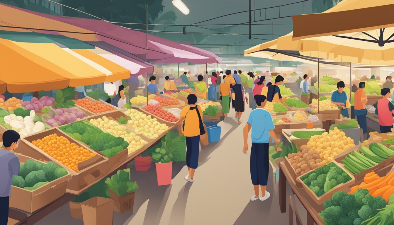 A bustling marketplace in Singapore, shelves filled with yacon root. Vendors display fresh produce, customers inspecting and purchasing. Bright colors and lively atmosphere