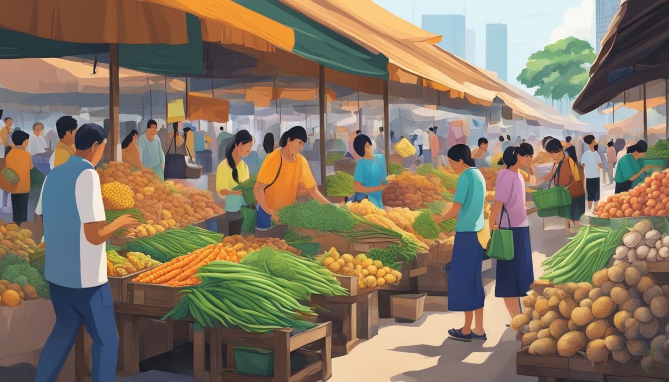 A bustling marketplace in Singapore showcases various vendors selling yacon root. The vibrant colors and bustling activity create a lively and inviting atmosphere for potential buyers