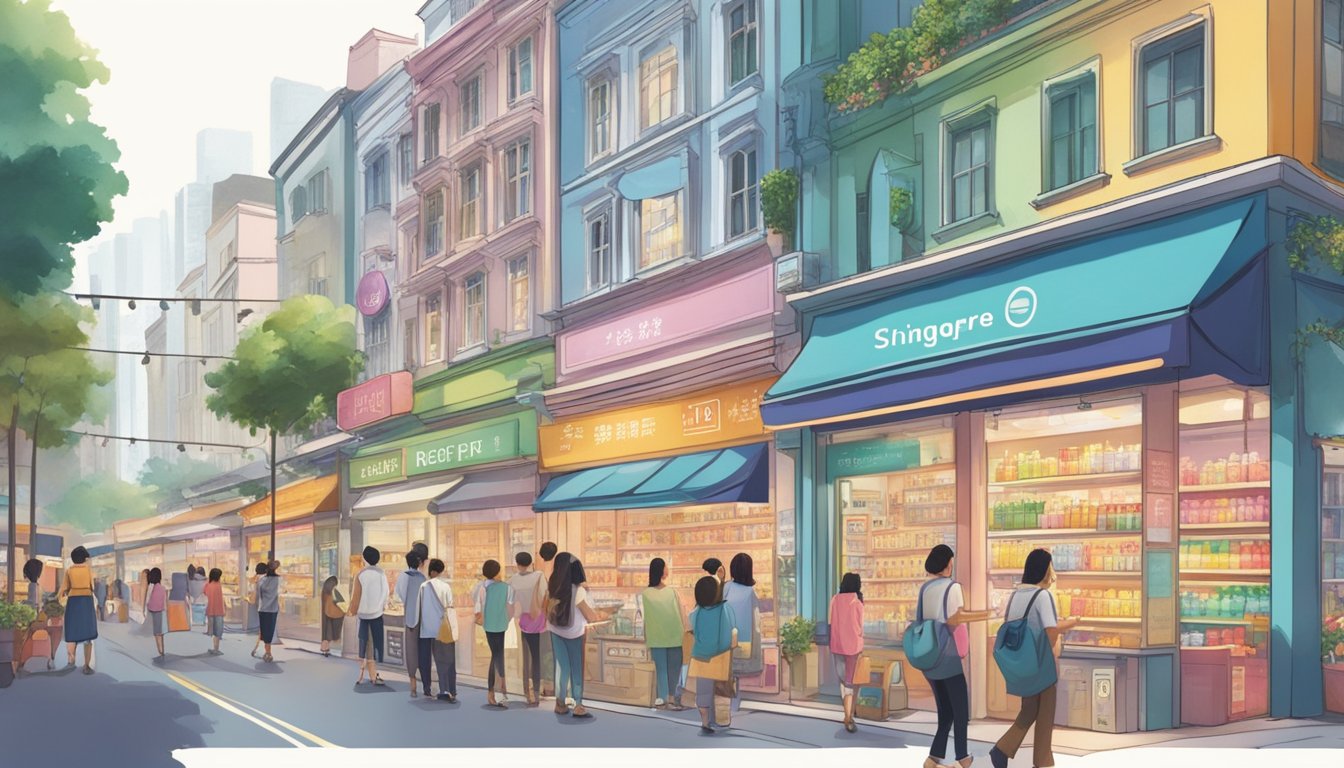 A bustling street in Singapore, with colorful storefronts displaying the Glow Recipe brand. Shoppers browse the shelves, while a prominent sign advertises the sought-after skincare products
