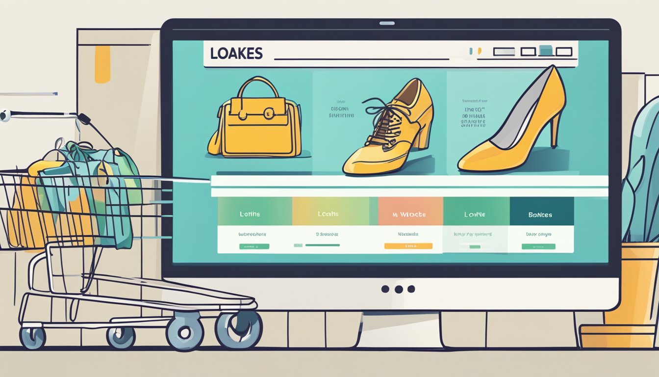 A computer screen displaying a website with the title "Buy Loakes Online." Various shoe options and a shopping cart icon are visible