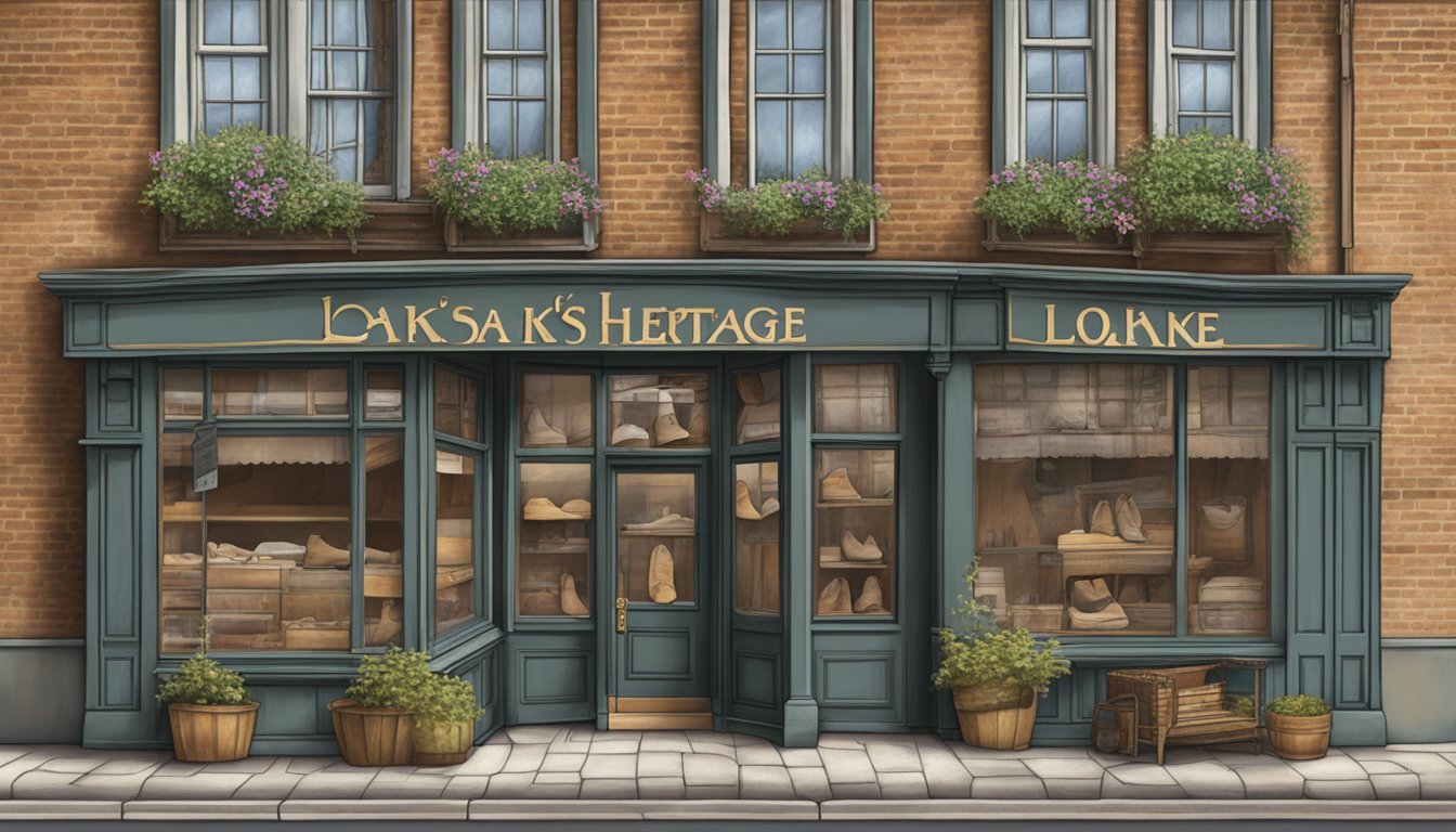 A rustic, weathered sign reading "Loake's Heritage" stands in front of a quaint, cobblestone building with a traditional shoe shop window display