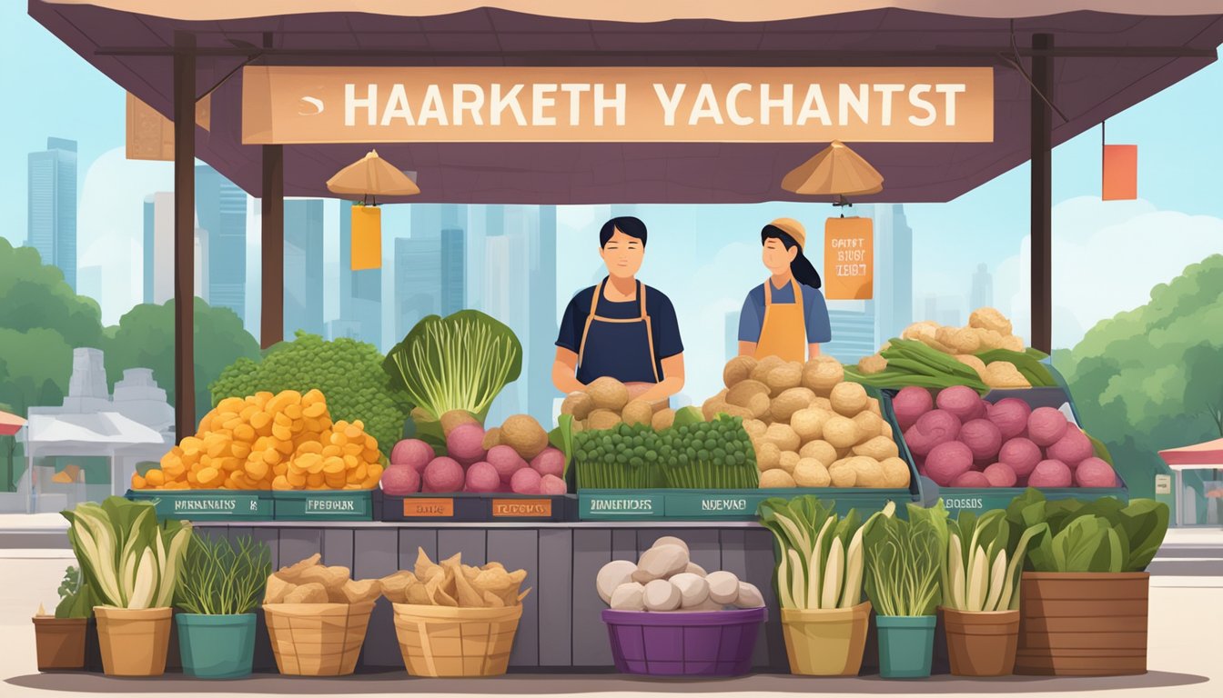 A vibrant market stall showcasing fresh yacon root with a sign advertising its health benefits and quality. Singaporean landmarks in the background