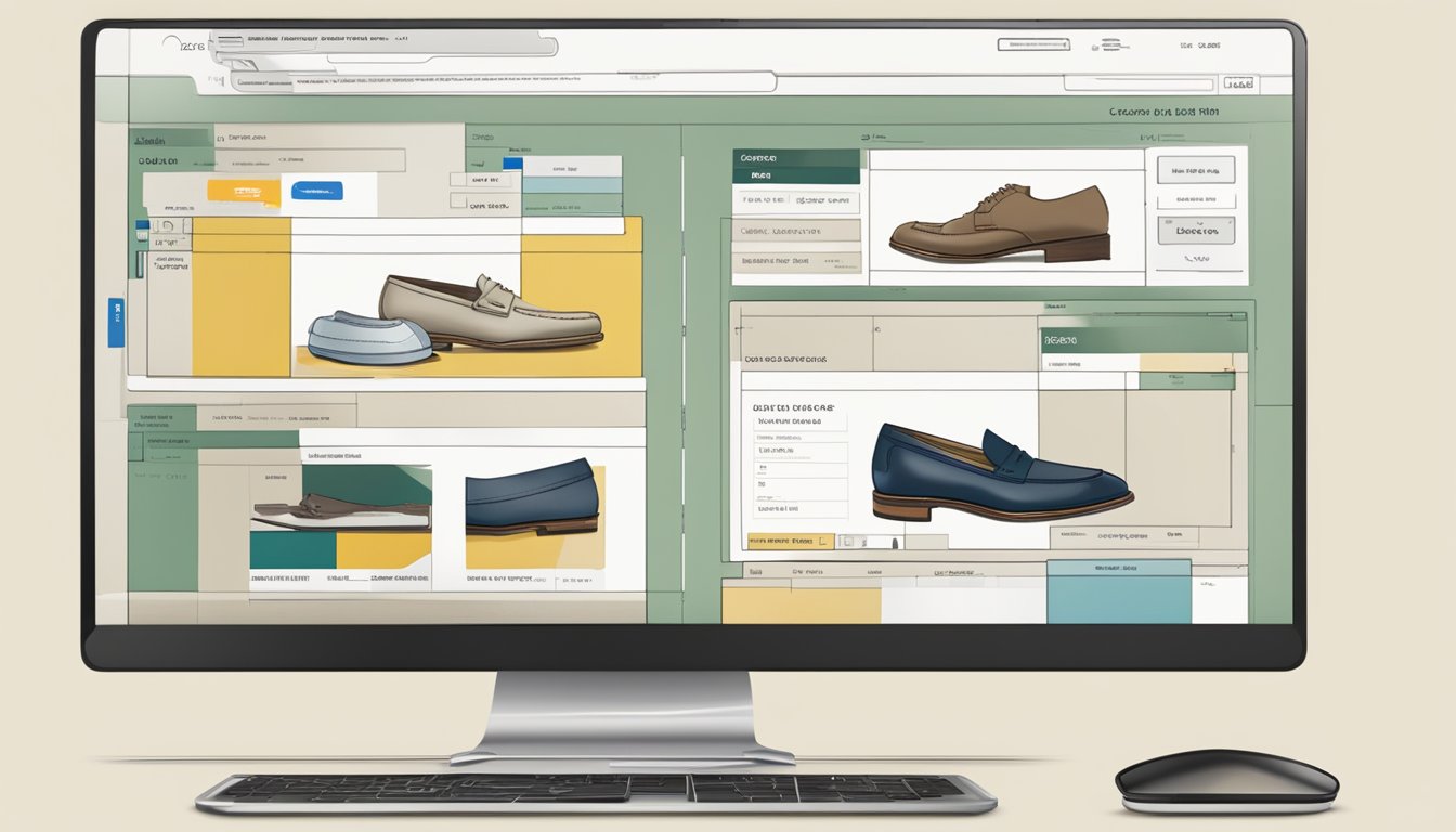 A computer screen displaying the Loakes website with various shoe options, a credit card, and a shipping address