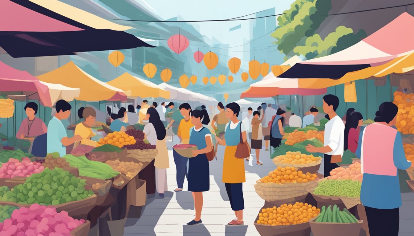 A bustling marketplace with colorful stalls selling yacon root in Singapore. Customers browsing and vendors engaging in conversation