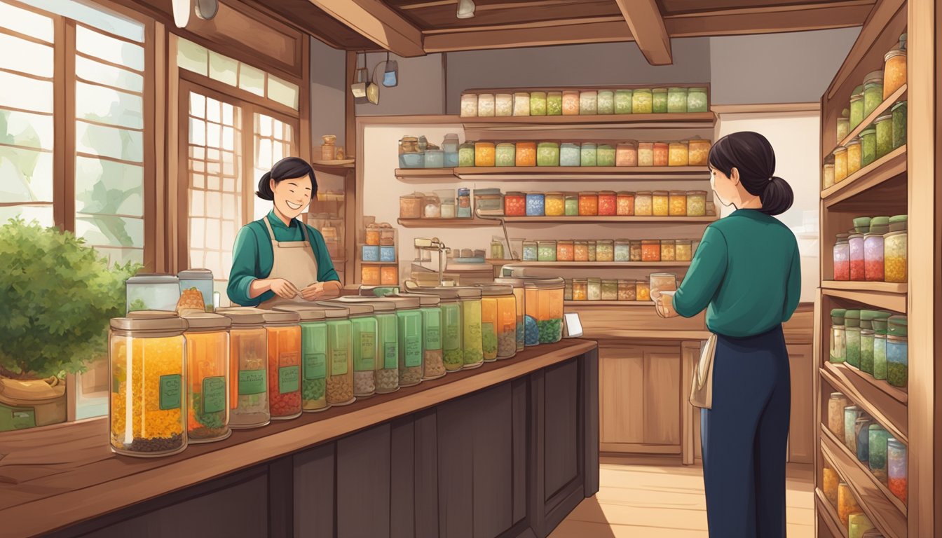 A cozy tea shop, shelves lined with colorful tea canisters, a sign advertising genmaicha, a friendly staff member assisting a customer