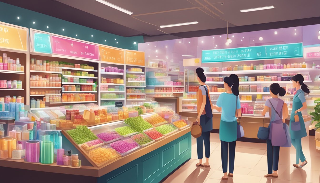 A bustling Singaporean market with colorful signage and a prominent display of Glow Recipe products at a beauty store