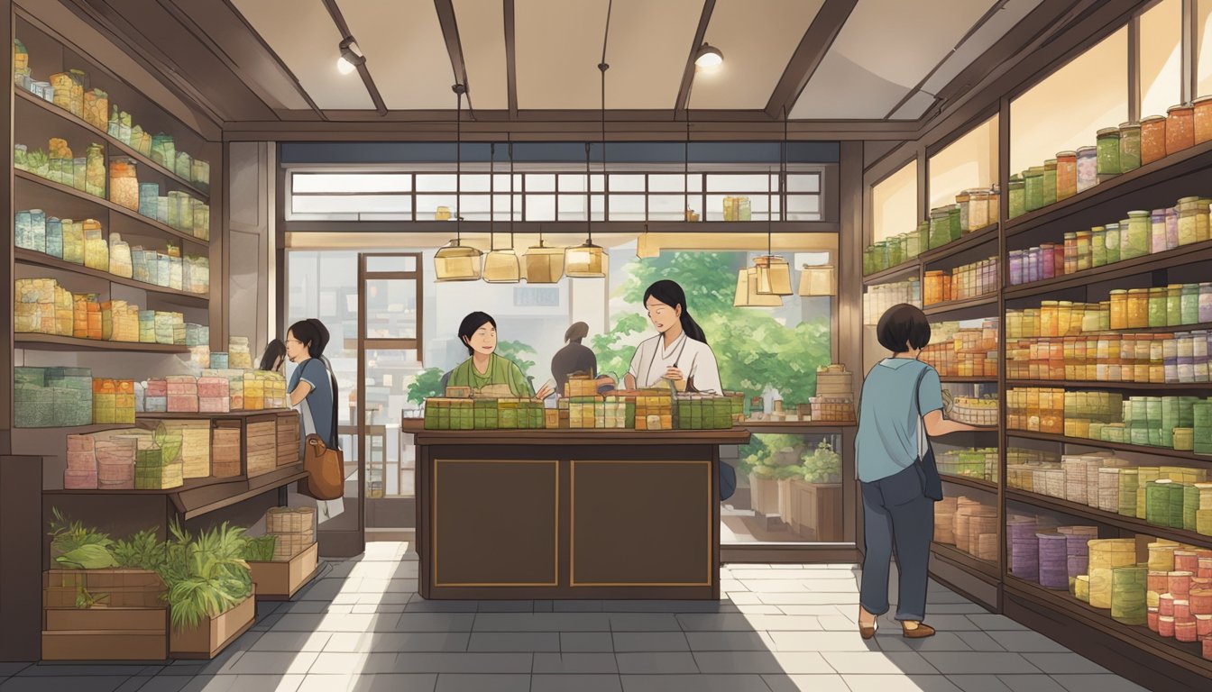 A bustling Japanese tea shop in Singapore, shelves lined with colorful packages of genmaicha. Customers browse and chat with the knowledgeable staff