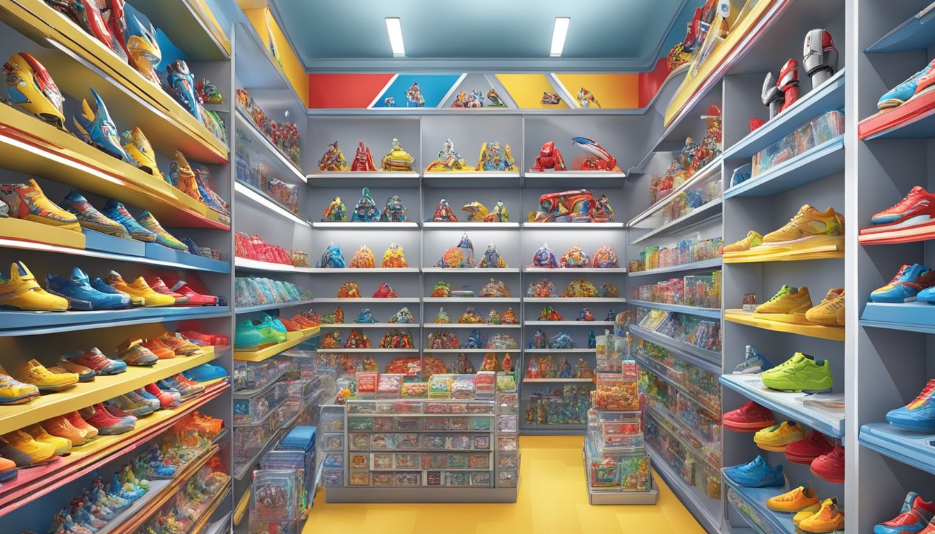 A bright and colorful toy store display showcases a variety of Ultraman toys in Singapore