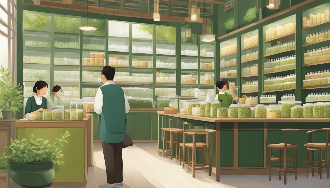 A serene tea shop in Singapore showcases shelves of genmaicha, with customers sampling and purchasing the fragrant green tea blend